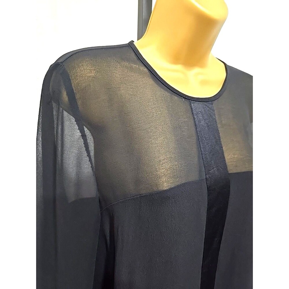 Black Mesh Crepe Sheer Satin Stripe Top Large Minimalist Cocktail Evening Party